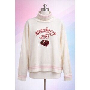 Kawaii Strawberry Milk Sweater L Y2K Pink White Turtleneck Soft Girl Harajuku